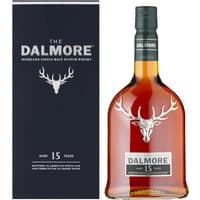 Dalmore 15 Year Whisky 70cl bottle with stag emblem, amber liquid, black label, and matching dark box.