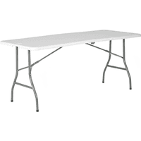 White 6ft rectangular plastic folding trestle table with grey metal legs and rounded corners.