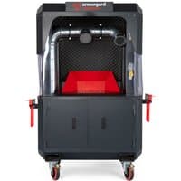 Armorgard SS7X workbench with black frame, red interior, clear side panels, and Aircube extraction fan on wheels.