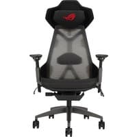Grey ASUS ROG Destrier Ergo gaming chair with mesh seat, adjustable armrests, and headrest featuring red logo.