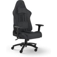 Black and grey Corsair TC100 Relaxed Fabric Gaming Chair with ergonomic design, adjustable armrests, and lumbar support.