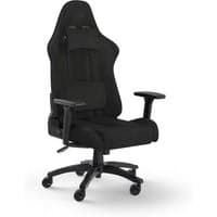 Black Corsair TC100 RELAXED gaming chair with padded seat, ergonomic design, adjustable armrests, and caster wheels.