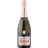 Lanson Rose Champagne 75cl bottle with pink foil, black label, and red cross logo.