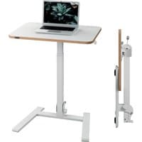 White Leitz Ergo small foldable sit-standing desk with adjustable height and laptop on top, shown folded on the side.