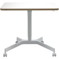 White Leitz Ergo Small Sit Standing Desk with adjustable height, wooden edges, and sturdy wheeled base.