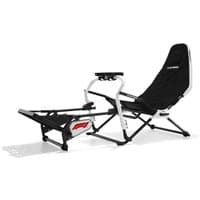 Black and white Playseat Challenge DD F1 Edition sim racing cockpit with foldable frame and adjustable seat.
