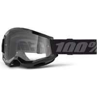 Black 100% Strata 2 goggles with clear lens, black frame, and adjustable strap featuring bold "100%" logo.