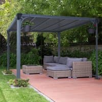 Gray 10x10 Palram Canopia Milano 3000 Garden Gazebo with polycarbonate roof, metal frame, and wicker seating underneath.
