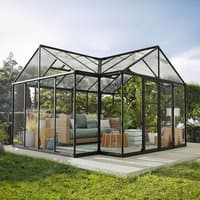 Black-framed glass Palram Canopia Triomphe gazebo with pitched roof, enclosed design, and spacious interior.