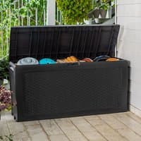 Anthracite Keter Samoa plastic garden storage box, 3'10 x 1'6, open lid, textured sides, filled with garden tools.