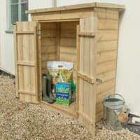 Wooden garden storage unit with double doors, shiplap design, and pent roof, filled with gardening supplies.