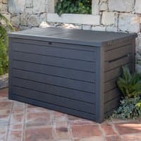 Anthracite Keter XXL plastic garden storage box with horizontal slats and flat lid, 5' x 3' dimensions.