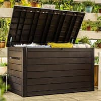 Brown Keter XXL plastic garden storage box, 5' x 3', with a hinged lid, slatted design, and spacious interior.