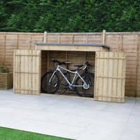 Wooden garden storage shed with double doors, no floor, fits two bikes, pressure-treated timber, natural finish.