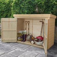 Wooden garden storage shed with double doors, shiplap design, natural finish, housing tools and a lawn mower.