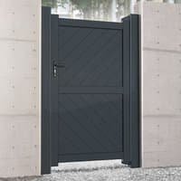 Grey metal side gate with diagonal slats, vertical frame, and black handle, set between concrete walls.