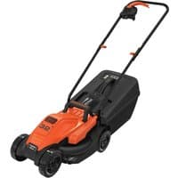 Black + Decker electric lawnmower, orange and black, 32cm cutting width, push handle, compact design.