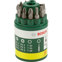 Green Bosch bit set with 10 steel screwdriver bits in a compact cylindrical holder.