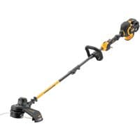 Yellow and black DeWalt string trimmer with 54V XR FlexVolt battery, ergonomic handle, and cutting head.