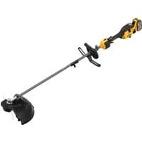 Yellow and black DeWalt grass trimmer with split boom system and ergonomic handle, featuring a 54V XR FlexVolt battery.