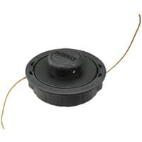 Black DeWalt string trimmer cap spool with yellow line extending from both sides