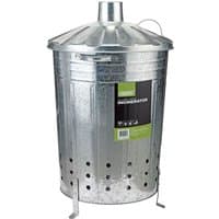 Galvanised steel garden incinerator with chimney lid, side handles, and ventilation holes at the base.
