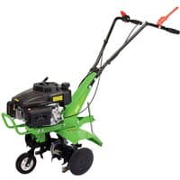 Green Draper CP165 petrol cultivator with black engine, red handles, and sturdy metal tines.