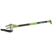Long-handled weed puller with green and black grip, metal prongs, and foot pedal for easy weed removal.