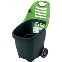 Green and black Draper garden caddy with wheels, ergonomic handle, and spacious storage compartment.