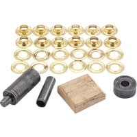 Draper GK12 Tarpaulin Repair Kit with brass eyelets, metal punch tools, and wooden block.