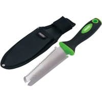 Draper GMPT garden tool with serrated stainless steel blade, black and green handle, and black sheath.