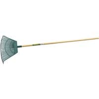 Draper Head Plastic Leaf Rake with green wide-toothed head and long wooden handle, 550mm width.