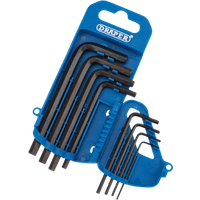 Blue Draper hex key set with 8 black L-shaped keys in a compact holder.