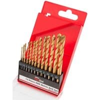 Red case with 13 gold-toned HSS metric drill bits by Draper, arranged by size in a black holder.