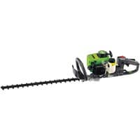Green and black Draper HTP256 petrol hedge trimmer with 22.5cc engine and long serrated blade.