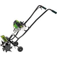 Black and green Draper petrol cultivator with dual handles, 32cm blade, and 42.7cc engine.