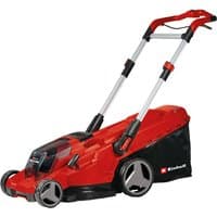 Red Einhell cordless lawn mower with dual 5.2Ah batteries, adjustable handle, and large rear wheels.