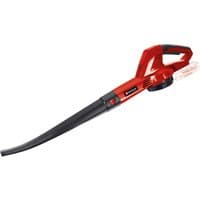 Red Einhell cordless leaf blower with black nozzle and ergonomic handle, featuring an 18V battery slot.