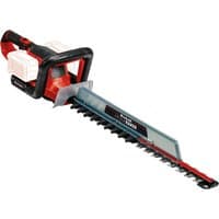 Red and black Einhell 36V cordless hedge trimmer with dual handle grip and long serrated blade.