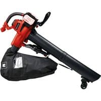 Red and black Einhell 36V leaf vacuum with long nozzle, collection bag, and ergonomic handle.
