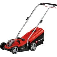Red and black Einhell cordless lawnmower with adjustable handle and large rear wheels, includes 18V 4.0Ah battery.