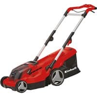 Red Einhell 36V cordless lawn mower with black wheels, adjustable handle, and rear grass collection box.