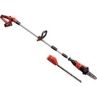 Red and black Einhell cordless pole pruner with telescopic handle, 18V battery, and detachable saw attachment.