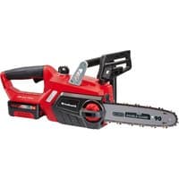 Red Einhell cordless chainsaw with black handle, silver blade, and 18V 3.0Ah battery.