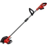 Red and black Einhell cordless lawn edge trimmer with adjustable handle and 18V lithium battery slot.