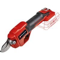 Red and black Einhell 18V cordless pruning shears with ergonomic grip and silver blade, battery not included.