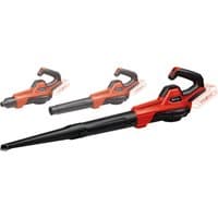Red and black Einhell 18V cordless leaf blower with ergonomic handle and long nozzle.