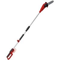 Red and black Einhell cordless pole pruner with long silver shaft and compact chainsaw attachment.