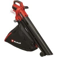 Red and black Einhell garden blow vac with long nozzle, collection bag, and ergonomic handle.