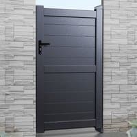 Grey Exeter Premium Metal Side Gate with horizontal slats and black handle, set between stone walls.